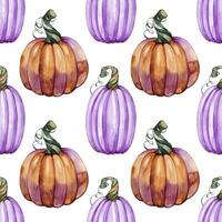 Halloween watercolor seamless pattern, autumn holiday, orange and violet pumpkins, hand drawing design, fall wrapping paper, happy halloween textile design photo