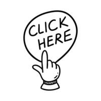 Doodle click here button. Hand drawn sketch cursor icon. Web site register. Freehand vector illustration of mouse cursor