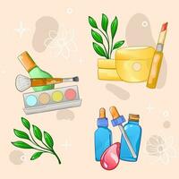 Set of compositions with natural organic cosmetic products in bottles, jars, tubes for skincare. Flat lay photography of skincare products vector