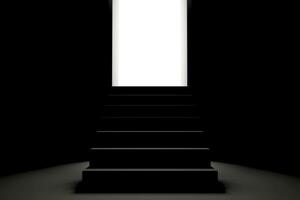 Stairway to lighted exit in a dark room. concept of a way to success, planning for progress towards a bright future. with copy space and business design. photo