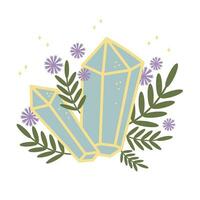 Crystals with plants, magic symbol hand drawn vector illustration boho style. Stones with magical energy, meditation, lifestyle, gemstone. Design element for print, logo, card. Isolated background
