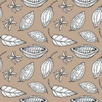 Cocoa Seamless pattern with fruits and cacao plant repeating background hand drawn decorative ornament for wrapping, paper, template, card, textile.Coco palm harvest, sweets, chocolate ingredients vector