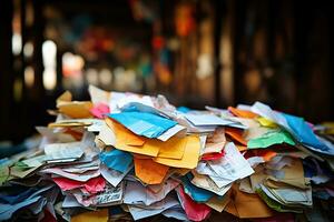 A bunch of colorful old papers. Collection and recycling of waste paper photo