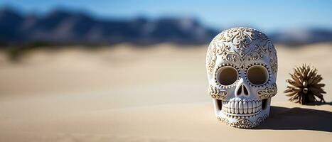 A sugar skull calavera against a backdrop of sand on desert with copy space. Day of the dead. Dia de los muertos. Generative AI. photo