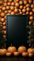 A black blank frame and Halloween background with pumpkins. Halloween concept. Generative AI. photo