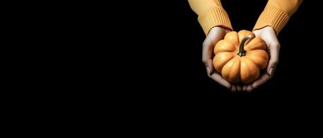 manos participación un calabaza en un negro antecedentes con Copiar espacio. Víspera de Todos los Santos concepto. generativo ai. foto