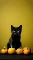 Black cat with pumpkins on a yellow background with copy space. Halloween concept. Generative AI. photo