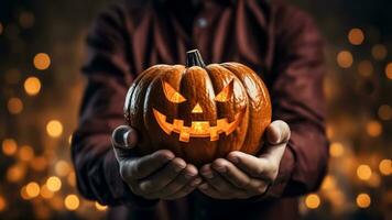 Hands holding a flickering Jack-o-lantern on a bokeh background. Halloween concept. Generative AI. photo