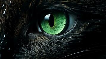 Close-up of a black cat's green eye. Halloween concept. Generative AI. photo