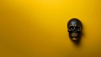 Skull on yellow background with copy space. Minimalist halloween concept. Generative AI. photo