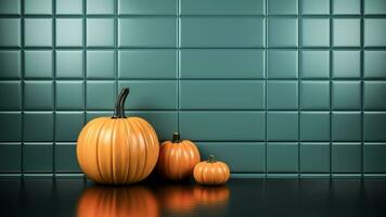 Pumpkin on a green tile background with copy space. Halloween concept. Generative AI. photo