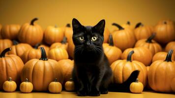 negro gato sentado en un fila de naranja calabazas con amarillo antecedentes. Víspera de Todos los Santos concepto. generativo ai. foto