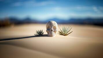 un azúcar cráneo Calavera en contra un fondo de arena en desierto. día de el muerto. dia Delaware los muertos. generativo ai. foto