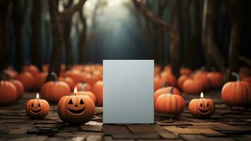 Halloween background with pumpkins and blank card. Halloween concept. Generative AI. photo