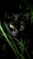 Black cat with green eyes in the grass on a black background. Halloween concept. Generative AI. photo