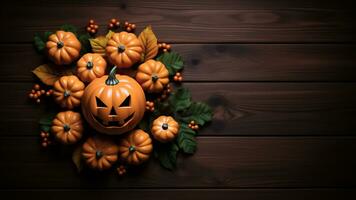 Halloween pumpkins and leaves on wooden background with copy space. Halloween concept. Generative AI. photo