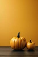 Two orange pumpkins on a wooden floor on orange background with copy space. Halloween concept. Generative AI. photo