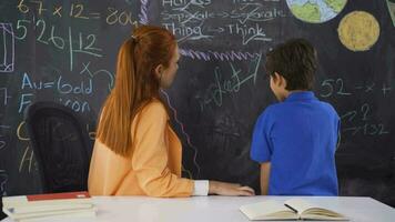 leraar en jongen leerling bespreken een vraag. video