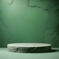 a concrete podium in front of a green wall, stone slab. ai generative photo