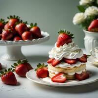 capas de escamoso torta de frutas apilado con Fresco fresas y ondulante chantilly crema, esmeradamente adornado. ai generativo foto