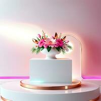 Empty pedestal Mixed between high gloss white and pink gold materials. with a neon effect. ai generative photo