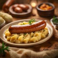 Appetizing sausage and mash food, beautifully arranged. Ai generative photo