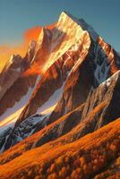 Majestic Mountains in Autumn, peaks dusted with early snow, with the fiery colors of autumn. Ai generative photo