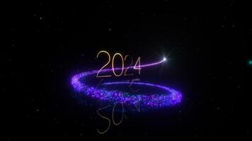 Golden text 2024 Happy New Year with purple particles video