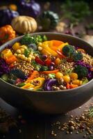 a nourishing harvest bowl filled with a colorful array of roasted vegetables, ancient grains, and nutrient-dense toppings. Ai generative photo