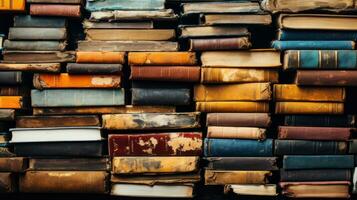 pila de antiguo libros en un estante en un librería o biblioteca. foto