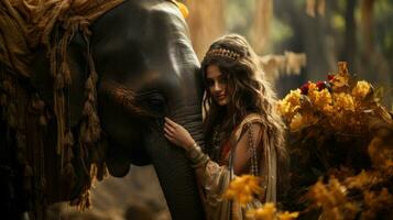 Beautiful indian woman and elephant in the forest. Boho style. photo