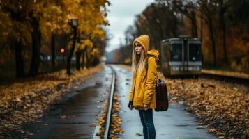 hermosa joven mujer en un amarillo impermeable y sombrero con un maleta en el antecedentes de un otoño parque. foto