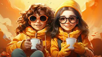 Two stylish hipster girls in yellow raincoat and hats drinking coffee. photo