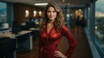 Portrait of beautiful young business woman in red dress at office. photo