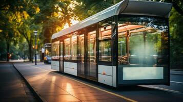 futurista público transporte autobús en el ciudad a puesta de sol concepto. foto