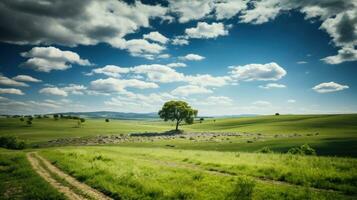 hermosa verano paisaje con un solitario árbol en el medio de el campo. foto