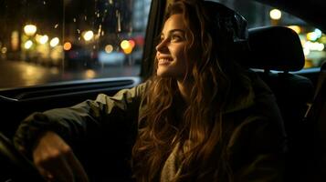 Happy young woman driving car at night in rainy day. photo