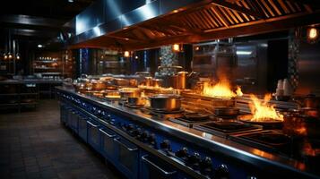 Interior of a modern restaurant kitchen with fire in the foreground. photo