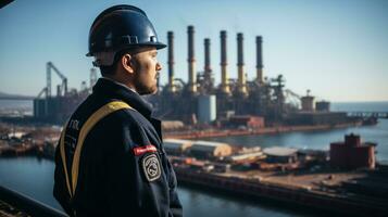 retrato de un masculino seguridad Guardia en el antecedentes de petróleo refinería. foto