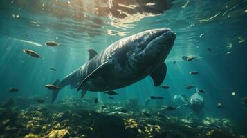 Great whale swimming underwater in the ocean. photo