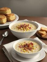 Corn Chowder, perfectly seasoned and garnished with crispy bacon bits. Ai generative photo