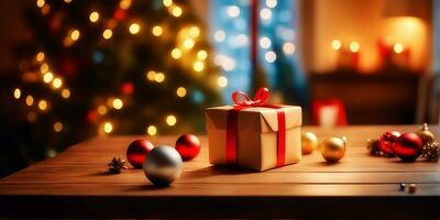 de madera mesa y regalo decoraciones con borroso Navidad árbol fondo.generativo ai. foto