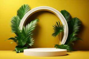 Podium with green tropical palm leaves and a white round.generative ai. photo