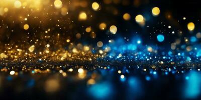 Gold and blue sparkle particles abstract Background.Generative AI. photo