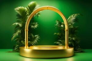 Podium with green tropical palm leaves and a golden round.generative ai. photo