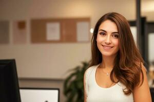 Beautiful smiling woman looking at camera with standing in creative office background.generative ai. photo