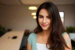 Beautiful smiling woman looking at camera with standing in creative office background.generative ai. photo