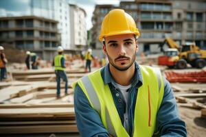 de cerca de joven masculino construcción ingeniero en el construcción sitio.generativo ai. foto