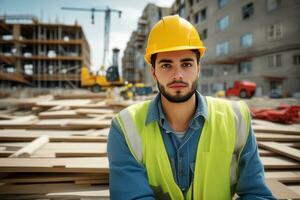 Close-up of young male construction engineer on the construction site.generative ai. photo