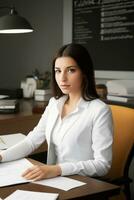 Young business woman in a business suit working in office.Generative AI. photo